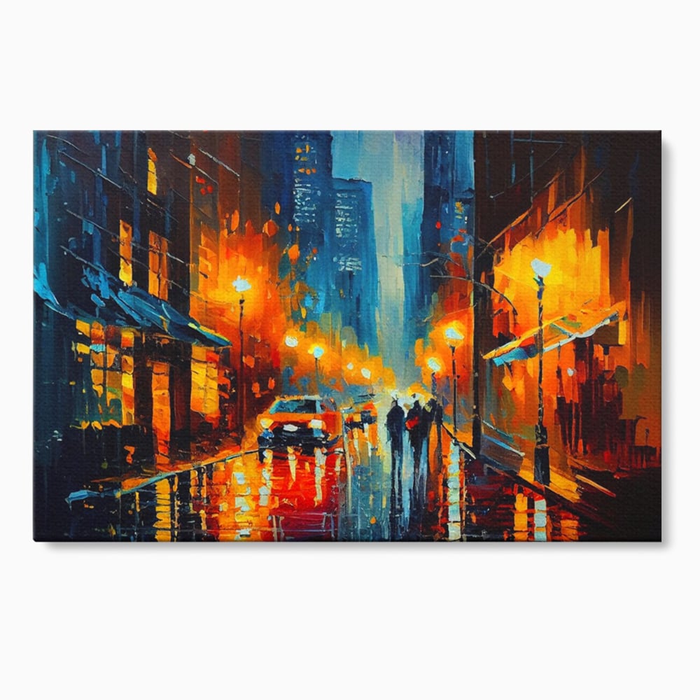 Tablou canvas cu pictura stradala cu oras plouat, fara rama, pe sasiu de lemn